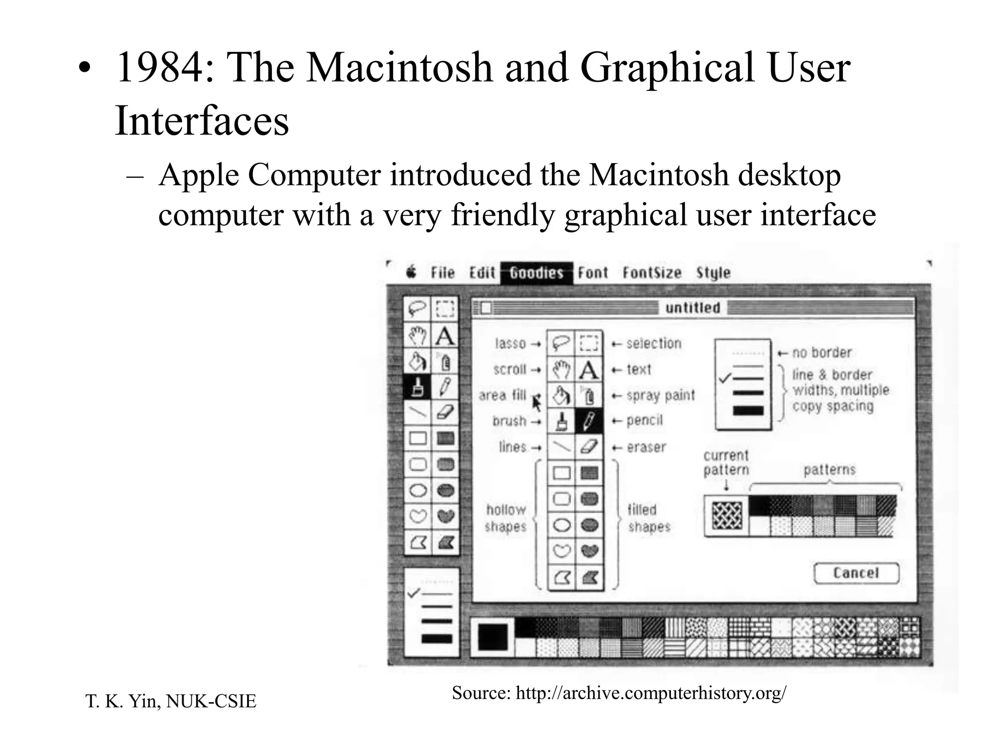 T. K. Yin, NUK-CSIE
• 1984: The Macintosh and Graphical User
Interfaces
– Apple Computer introduced the Macintosh desktop
computer with a very friendly graphical user interface
Source: http://archive.computerhistory.org/
 