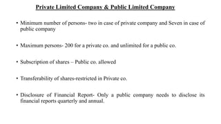 Private Limited Company & Public Limited Company
• Minimum number of persons- two in case of private company and Seven in case of
public company
• Maximum persons- 200 for a private co. and unlimited for a public co.
• Subscription of shares – Public co. allowed
• Transferability of shares-restricted in Private co.
• Disclosure of Financial Report- Only a public company needs to disclose its
financial reports quarterly and annual.
 