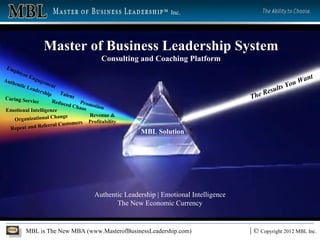 Master of Business Leadership System Consulting and Coaching Platform Reduced Chaos Revenue & Profitability Employee Engagement Promotion Emotional Intelligence Caring Service Repeat and Referral Customers Authentic Leadership MBL Solution Authentic Leadership | Emotional Intelligence The New Economic Currency Organizational Change Talent The Results You Want 