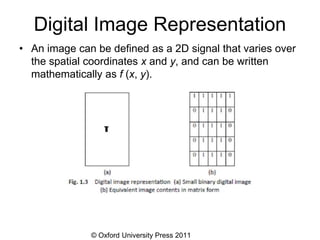 © Oxford University Press 2011
Digital Image Representation
• An image can be defined as a 2D signal that varies over
the spatial coordinates x and y, and can be written
mathematically as f (x, y).
 