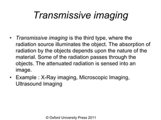 © Oxford University Press 2011
Transmissive imaging
• Transmissive imaging is the third type, where the
radiation source illuminates the object. The absorption of
radiation by the objects depends upon the nature of the
material. Some of the radiation passes through the
objects. The attenuated radiation is sensed into an
image.
• Example : X-Ray imaging, Microscopic Imaging,
Ultrasound Imaging
 