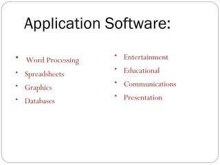 Application Software:
• Word Processing
• Spreadsheets
• Graphics
• Databases
• Entertainment
• Educational
• Communications
• Presentation
 