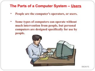 08/24/1521
• People are the computer's operators, or users.
• Some types of computers can operate without
much intervention from people, but personal
computers are designed specifically for use by
people.
The Parts of a Computer System – Users
 