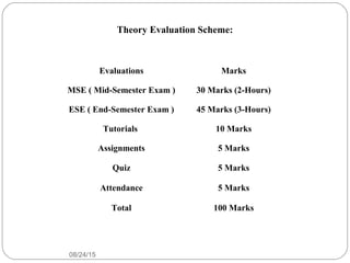 08/24/15
6
Evaluations Marks
MSE ( Mid-Semester Exam ) 30 Marks (2-Hours)
ESE ( End-Semester Exam ) 45 Marks (3-Hours)
Tutorials 10 Marks
Assignments 5 Marks
Quiz 5 Marks
Attendance 5 Marks
Total 100 Marks
Theory Evaluation Scheme:
 