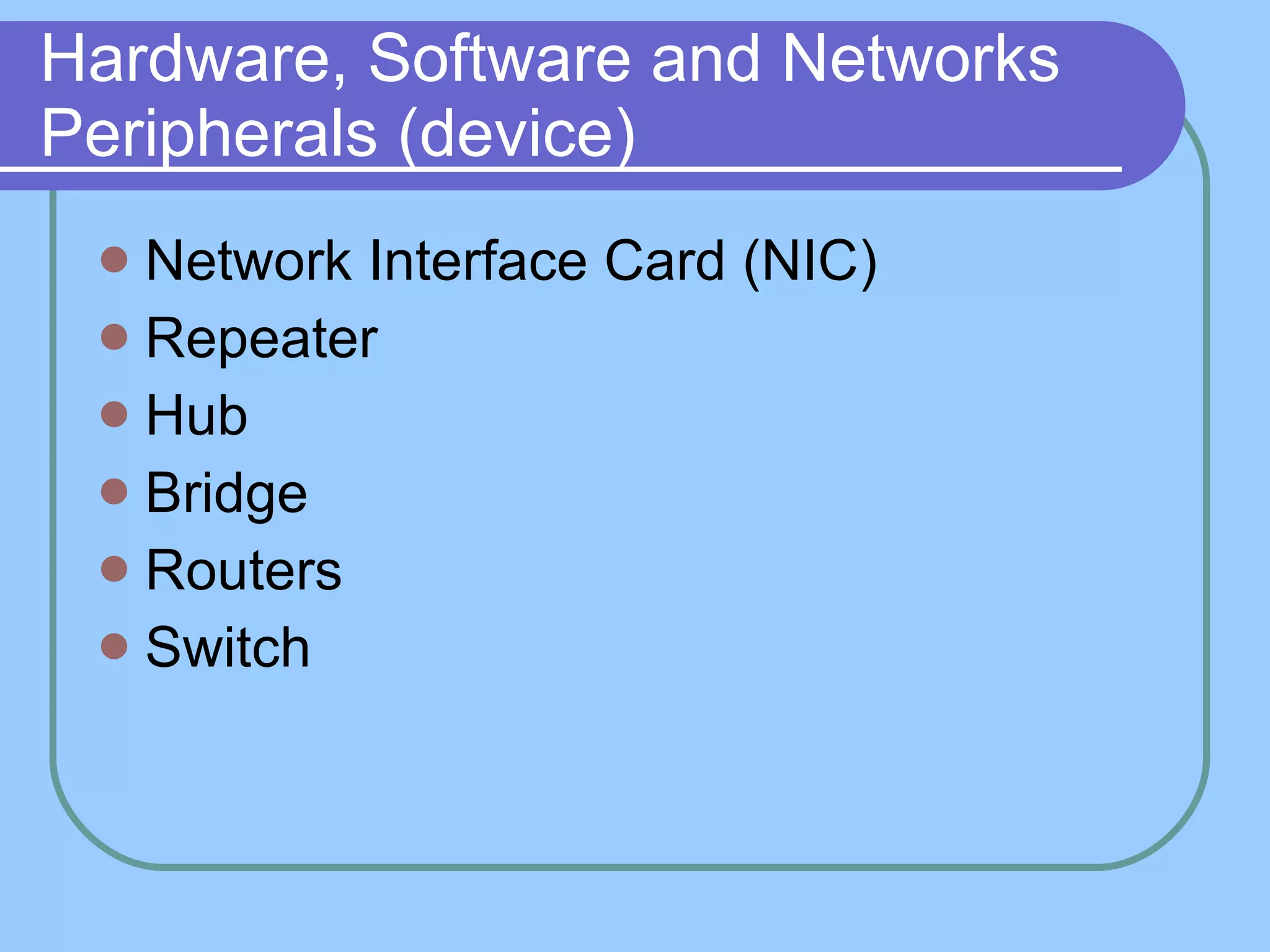 Hardware, Software and Networks Peripherals (device) Network Interface Card (NIC) Repeater Hub Bridge Routers Switch 
