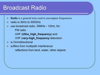 Broadcast Radio
 Radio is a general term used to encompass frequencies
 radio is 3kHz to 300GHz
 use broadcast radio, 30MHz - 1GHz, for:
 FM radio
 UHF (Ultra_high_frequency) and
 VHF (very-high_frequency television
 is Omnidirectional
 suffers from multipath interference
 reflections from land, water, other objects
 