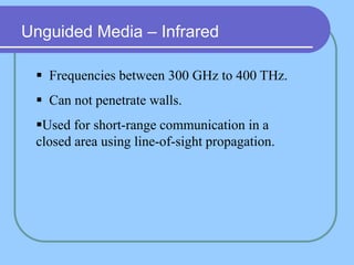 Unguided Media – Infrared
 Frequencies between 300 GHz to 400 THz.
 Can not penetrate walls.
Used for short-range communication in a
closed area using line-of-sight propagation.
 