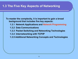 11
1.3 The Five Key Aspects of Networking
To master the complexity, it is important to gain a broad
background that includes five key aspects:
1.3.1 Network Applications and Network Programming
1.3.2 Data Communications
1.3.3 Packet Switching and Networking Technologies
1.3.4 Internetworking with TCP/IP
1.3.5 Additional Networking Concepts and Technologies
 
