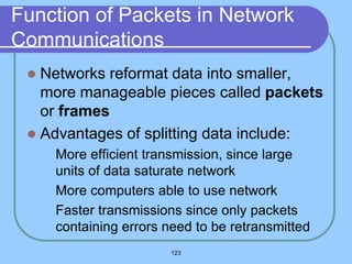 123
Function of Packets in Network
Communications
 Networks reformat data into smaller,
more manageable pieces called packets
or frames
 Advantages of splitting data include:
 More efficient transmission, since large
units of data saturate network
 More computers able to use network
 Faster transmissions since only packets
containing errors need to be retransmitted
 