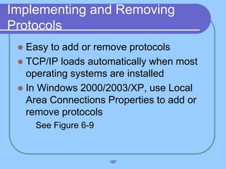 157
Implementing and Removing
Protocols
 Easy to add or remove protocols
 TCP/IP loads automatically when most
operating systems are installed
 In Windows 2000/2003/XP, use Local
Area Connections Properties to add or
remove protocols
 See Figure 6-9
 