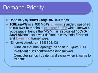 171
Demand Priority
 Used only by 100VG-AnyLAN 100 Mbps
 100BaseVG is a 100 Mbit/s Ethernet standard specified
to run over four pairs of category 3 UTP wires (known as
voice grade, hence the "VG"). It is also called 100VG-
AnyLANbecause it was defined to carry both Ethernet
and token ring frame types.
 Ethernet standard (IEEE 802.12)
 Runs on star bus topology, as seen in Figure 6-13
 Intelligent hubs control access to network
 Computer sends hub demand signal when it wants to
transmit
 