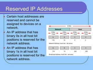 Reserved IP Addresses
 Certain host addresses are
reserved and cannot be
assigned to devices on a
network.
 An IP address that has
binary 0s in all host bit
positions is reserved for the
network address.
 An IP address that has
binary 1s in all host bit
positions is reserved for the
network address.
 