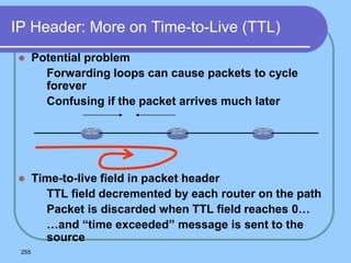 255
IP Header: More on Time-to-Live (TTL)
 Potential problem
 Forwarding loops can cause packets to cycle
forever
 Confusing if the packet arrives much later
 Time-to-live field in packet header
 TTL field decremented by each router on the path
 Packet is discarded when TTL field reaches 0…
 …and “time exceeded” message is sent to the
source
 