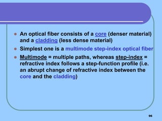 96
 An optical fiber consists of a core (denser material)
and a cladding (less dense material)
 Simplest one is a multimode step-index optical fiber
 Multimode = multiple paths, whereas step-index =
refractive index follows a step-function profile (i.e.
an abrupt change of refractive index between the
core and the cladding)
 