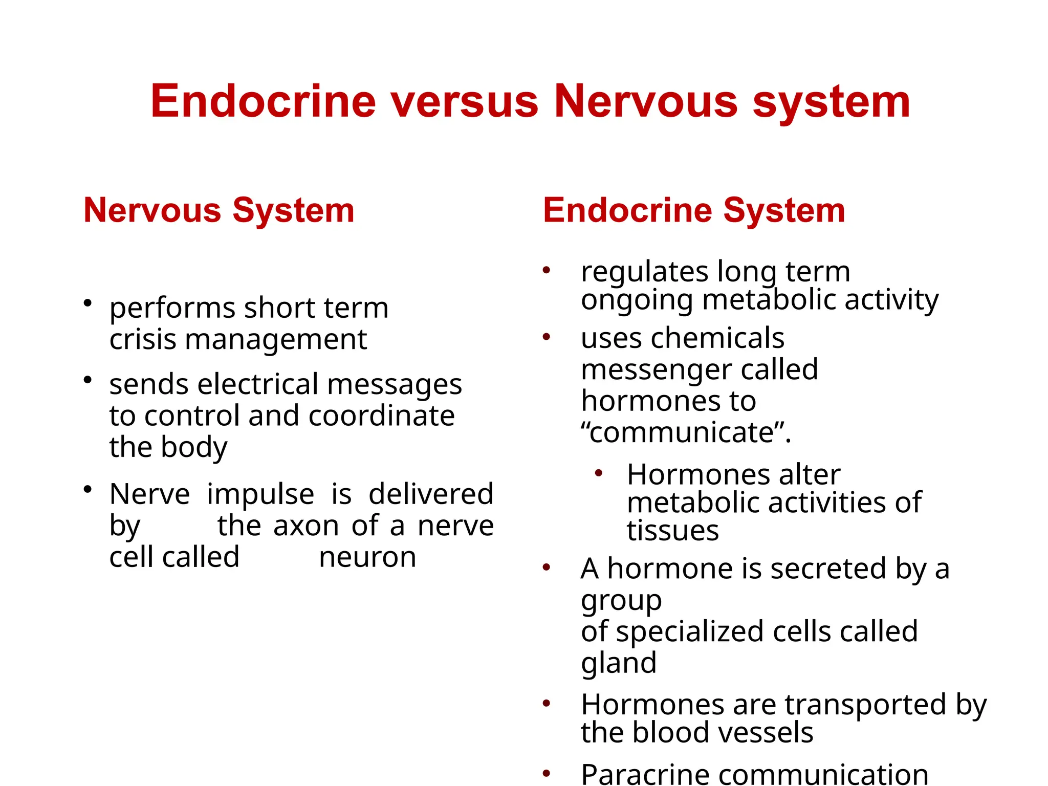 Nervous System Endocrine System
• regulates long term
ongoing metabolic activity
• uses chemicals
messenger called
hormones to
“communicate”.
• Hormones alter
metabolic activities of
tissues
• A hormone is secreted by a
group
of specialized cells called
gland
• Hormones are transported by
the blood vessels
• Paracrine communication
Endocrine versus Nervous system
• performs short term
crisis management
• sends electrical messages
to control and coordinate
the body
• Nerve impulse is delivered
by the axon of a nerve
cell called neuron
 