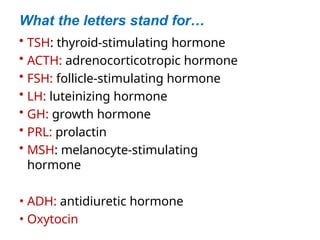 What the letters stand for…
• TSH: thyroid-stimulating hormone
• ACTH: adrenocorticotropic hormone
• FSH: follicle-stimulating hormone
• LH: luteinizing hormone
• GH: growth hormone
• PRL: prolactin
• MSH: melanocyte-stimulating
hormone
• ADH: antidiuretic hormone
• Oxytocin
 