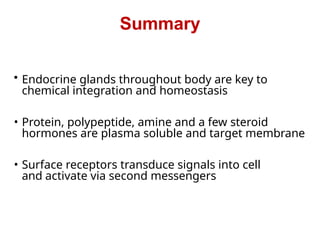 • Endocrine glands throughout body are key to
chemical integration and homeostasis
• Protein, polypeptide, amine and a few steroid
hormones are plasma soluble and target membrane
• Surface receptors transduce signals into cell
and activate via second messengers
Summary
 