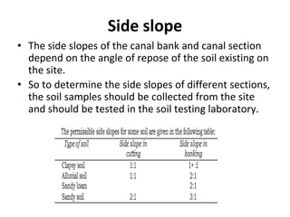 Side slope
• The side slopes of the canal bank and canal section
depend on the angle of repose of the soil existing on
the site.
• So to determine the side slopes of different sections,
the soil samples should be collected from the site
and should be tested in the soil testing laboratory.
 
