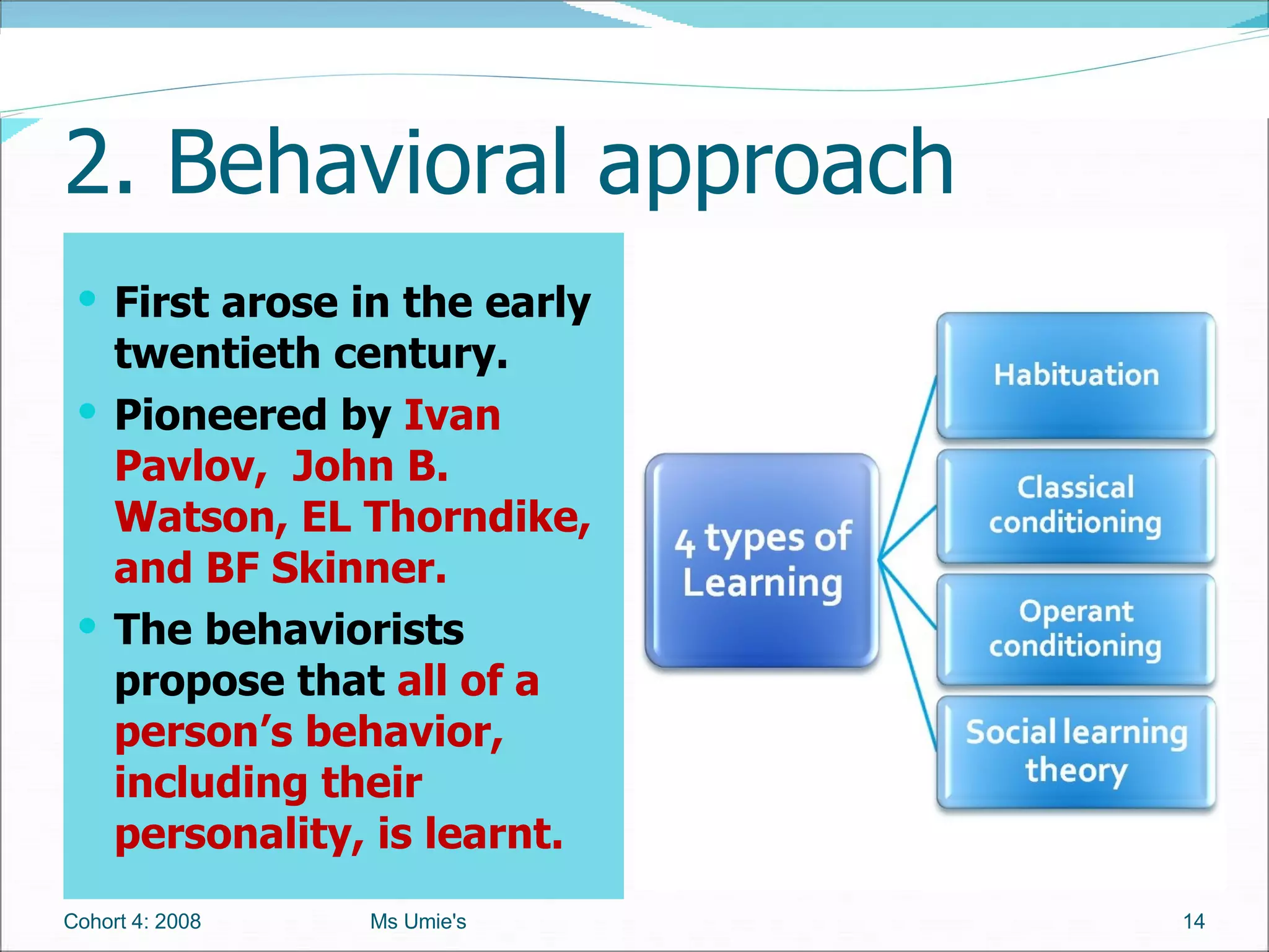 2. Behavioral approach First arose in the early twentieth century. Pioneered by  Ivan Pavlov,  John B. Watson, EL Thorndike, and BF Skinner. The behaviorists propose that  all of a person’s behavior, including their personality, is learnt. Cohort 4: 2008 Ms Umie's 