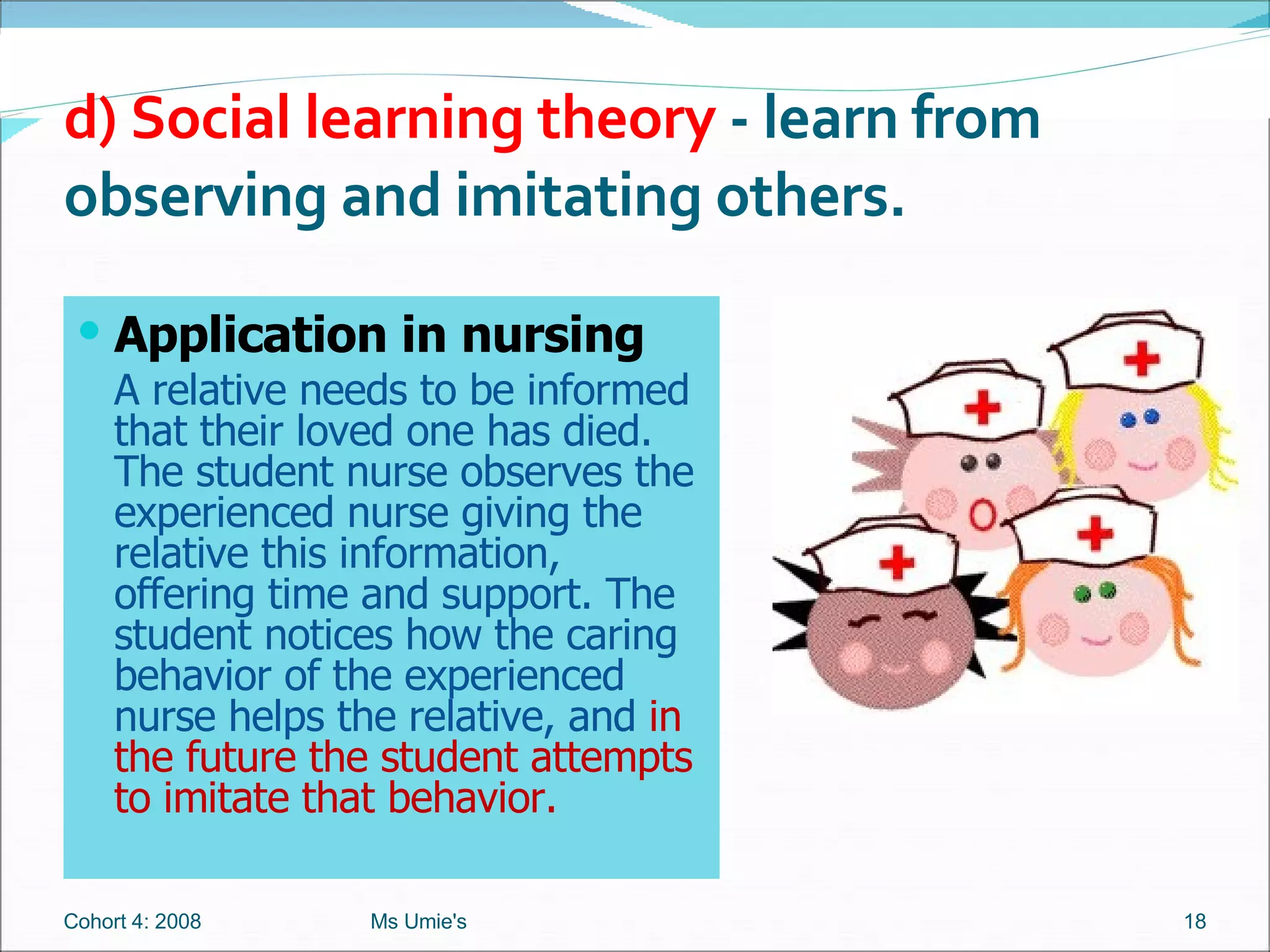 Application in nursing A relative needs to be informed that their loved one has died. The student nurse observes the experienced nurse giving the relative this information, offering time and support. The student notices how the caring behavior of the experienced nurse helps the relative, and  in the future the student attempts to imitate that behavior. d) Social learning theory  - learn from observing and imitating others. Cohort 4: 2008 Ms Umie's 