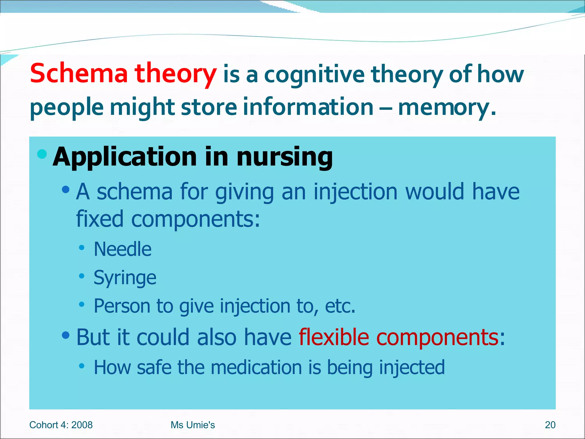 Schema theory   is a cognitive theory of how people might store information – memory. Application in nursing  A schema for giving an injection would have fixed components: Needle Syringe Person to give injection to, etc. But it could also have  flexible components : How safe the medication is being injected Cohort 4: 2008 Ms Umie's 