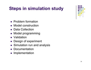 Steps in simulation study
 Problem formation
 Problem formation
 Model construction
 Data Collection
 Model programming
 Validation
 Design of experiment
 Simulation run and analysis
D t ti
 Documentation
 Implementation
30
 