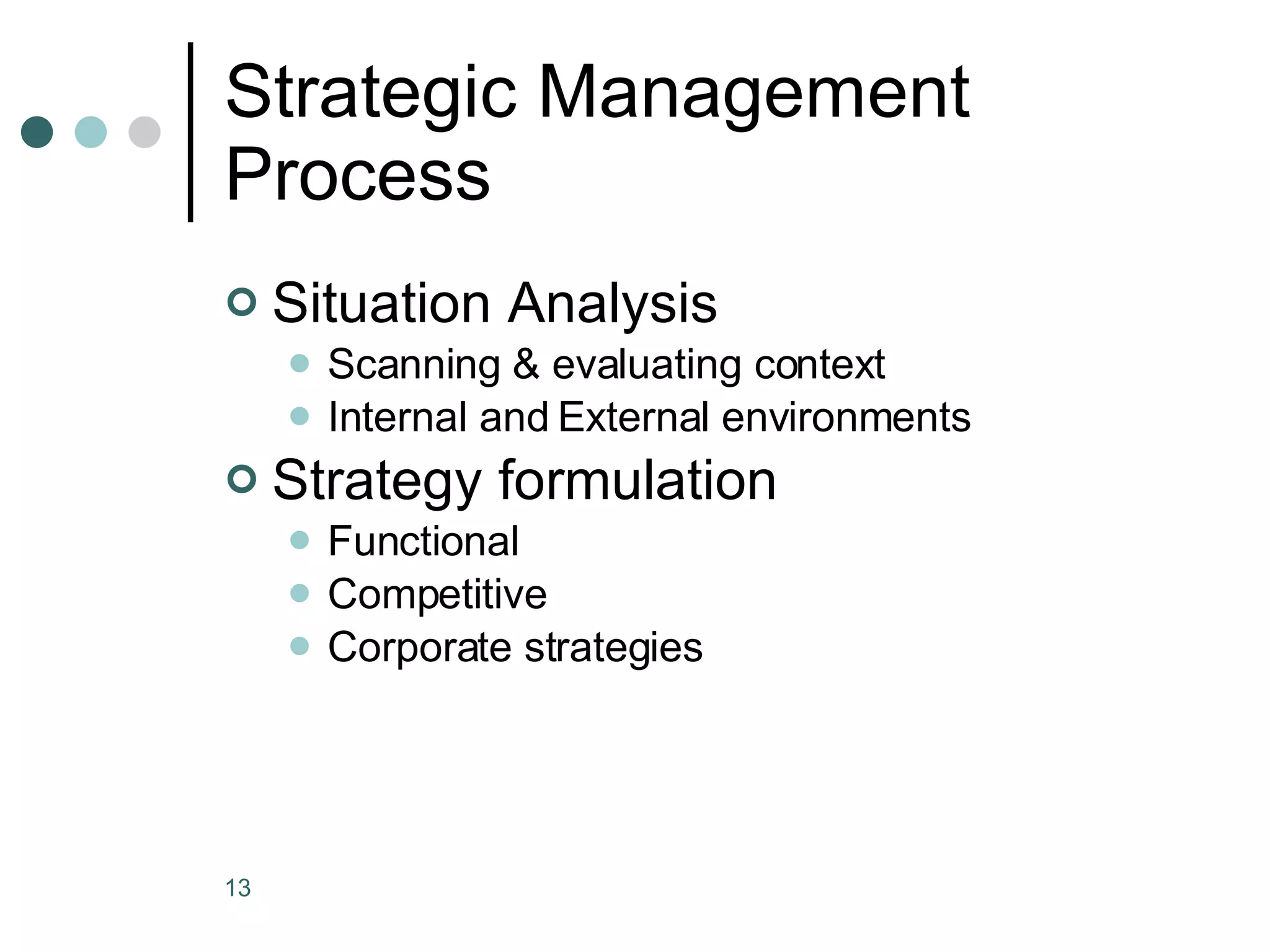 Strategic Management Process Situation Analysis Scanning & evaluating context Internal and External environments Strategy formulation Functional Competitive  Corporate strategies 