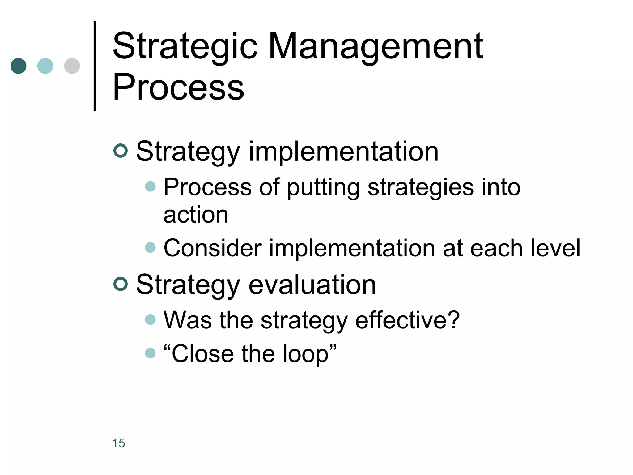 Strategic Management Process Strategy implementation Process of putting strategies into action Consider implementation at each level Strategy evaluation Was the strategy effective? “Close the loop” 