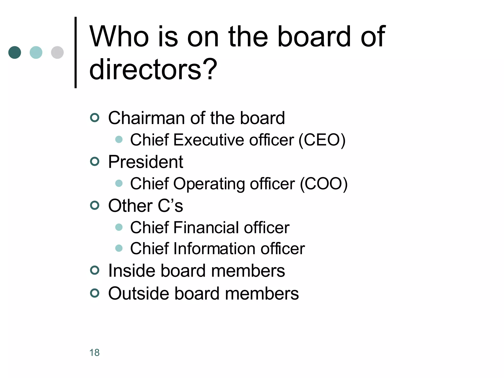 Who is on the board of directors? Chairman of the board Chief Executive officer (CEO) President Chief Operating officer (COO) Other C’s Chief Financial officer Chief Information officer Inside board members Outside board members 