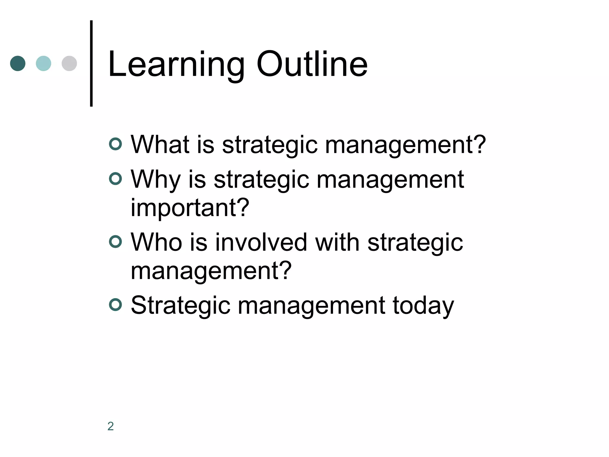 Learning Outline What is strategic management?  Why is strategic management important? Who is involved with strategic management? Strategic management today 