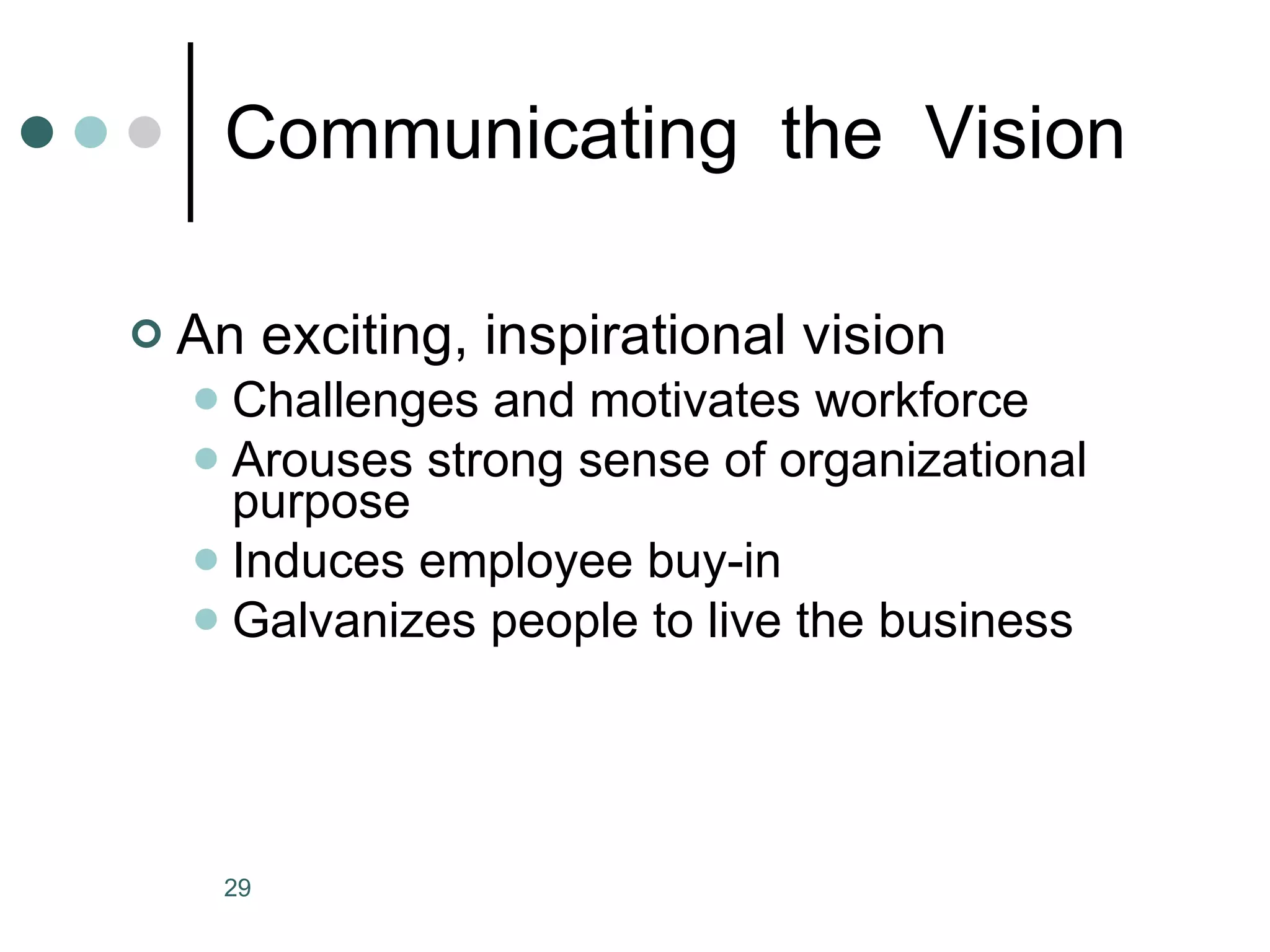 Communicating  the  Vision An exciting, inspirational vision Challenges and motivates workforce Arouses strong sense of organizational purpose Induces employee buy-in Galvanizes people to live the business 
