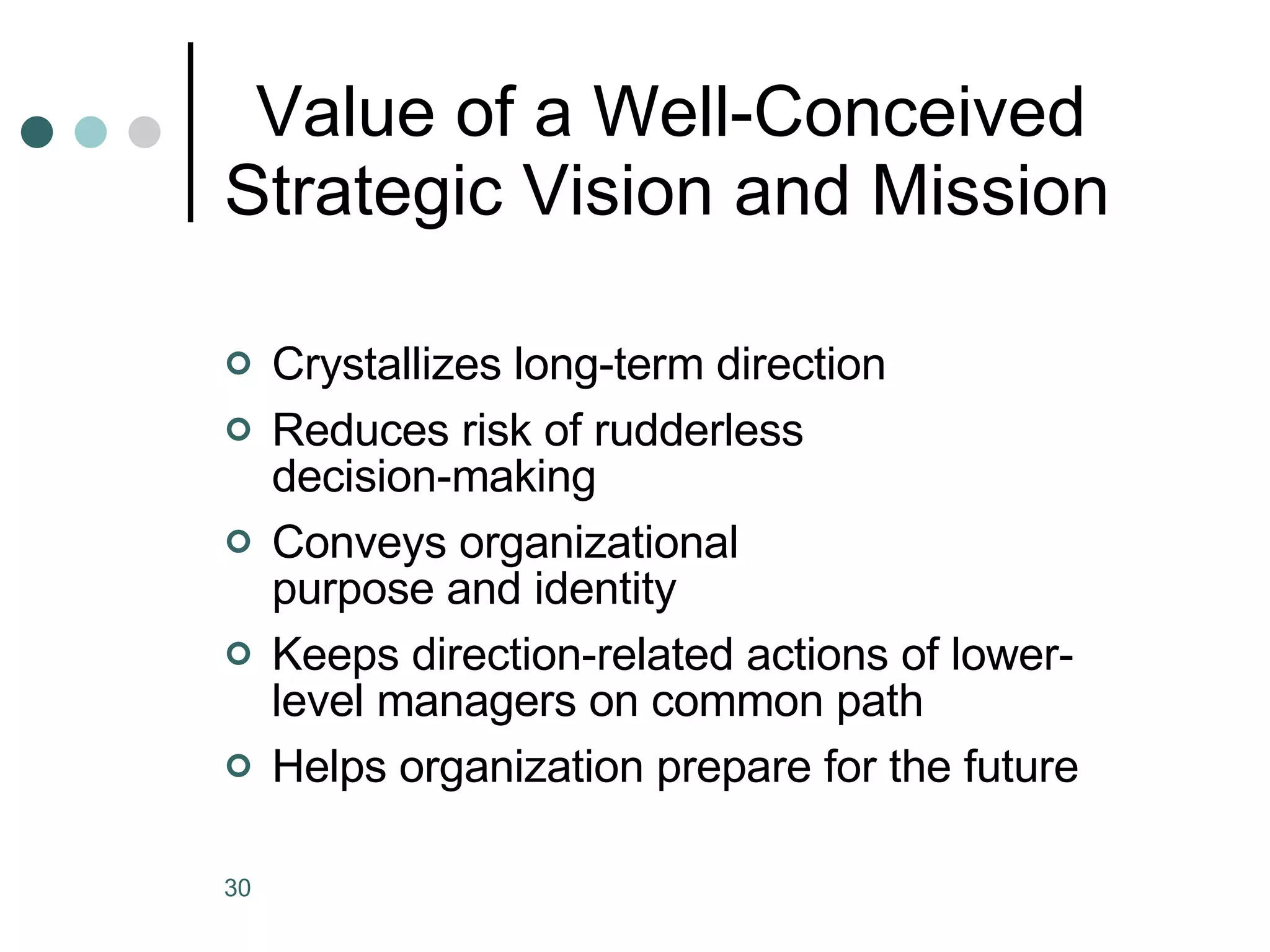 Value of a Well-Conceived Strategic Vision and Mission Crystallizes long-term direction Reduces risk   of rudderless  decision-making Conveys   organizational  purpose and identity Keeps direction-related actions of lower-level managers on common path Helps organization prepare for the future 