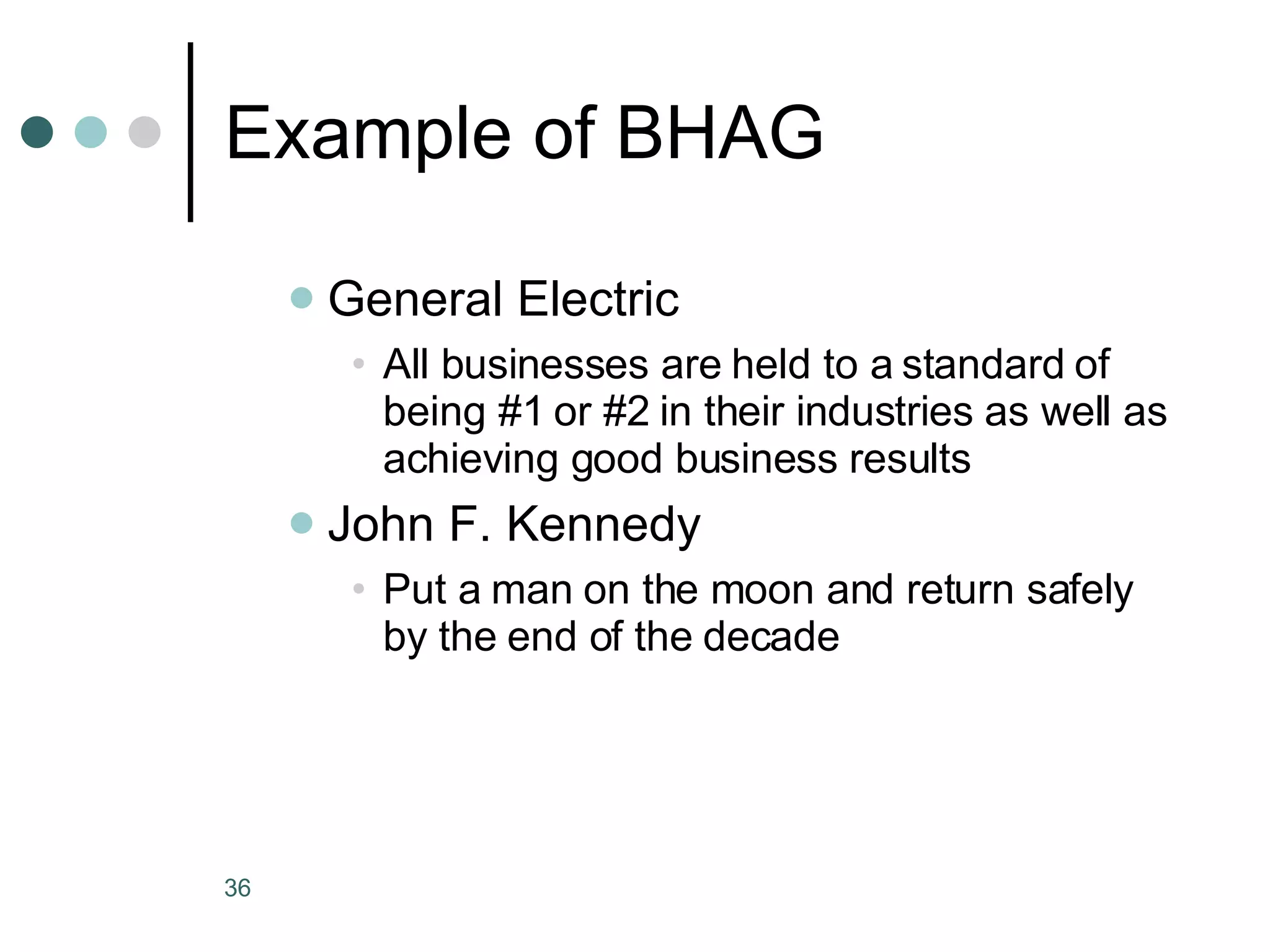 Example of BHAG General Electric All businesses are held to a standard of being #1 or #2 in their industries as well as achieving good business results John F. Kennedy Put a man on the moon and return safely by the end of the decade 