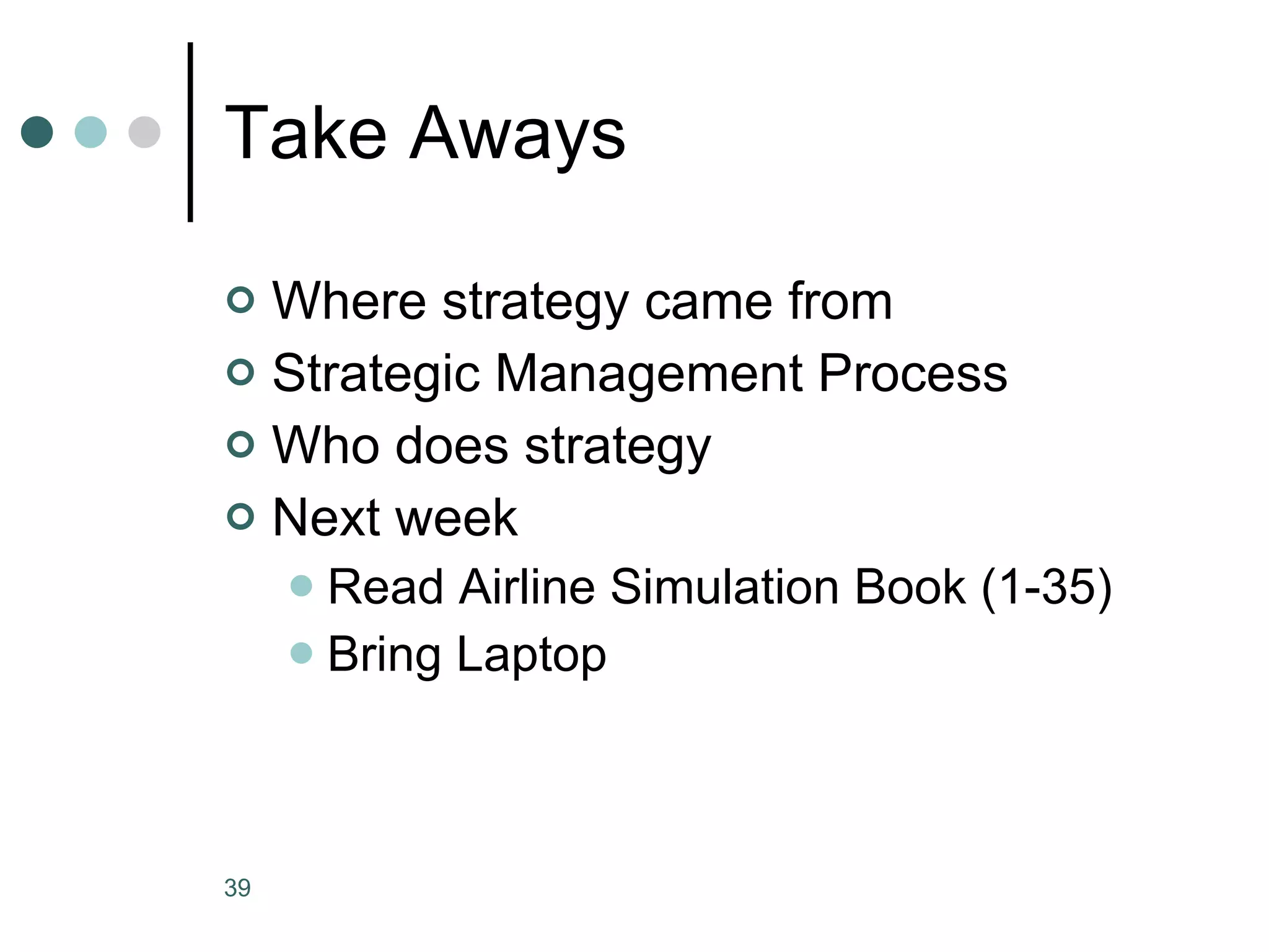 Take Aways Where strategy came from Strategic Management Process Who does strategy Next week Read Airline Simulation Book (1-35)  Bring Laptop 