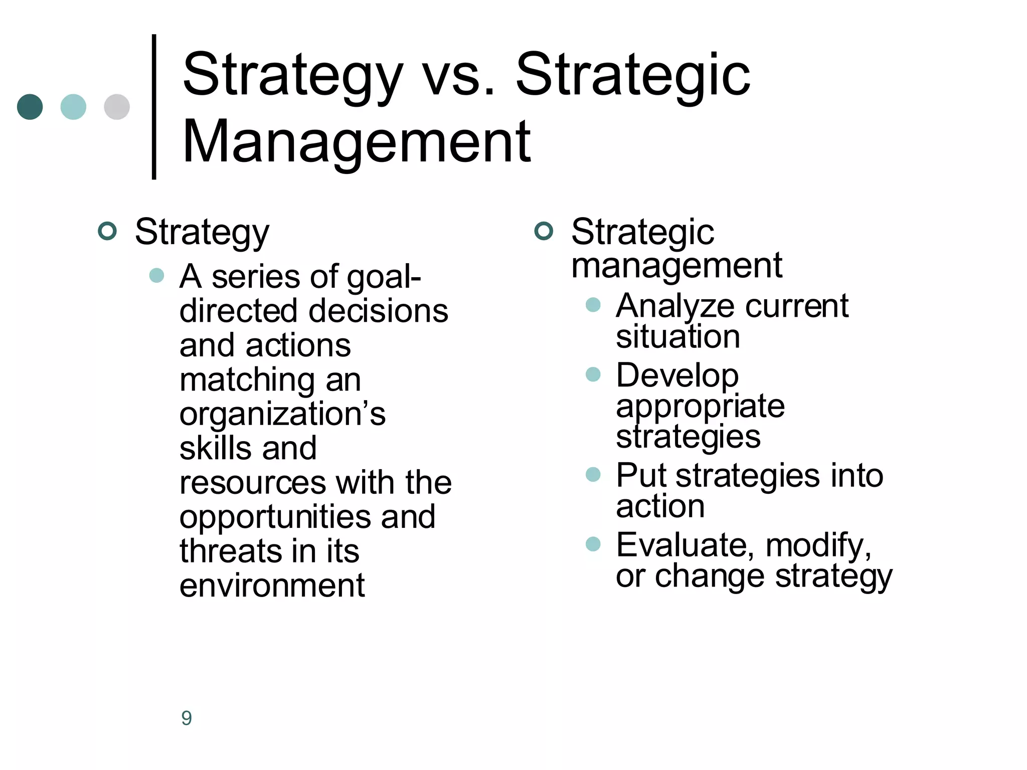 Strategy vs. Strategic Management Strategy A series of goal-directed decisions and actions matching an organization’s skills and resources with the opportunities and threats in its environment Strategic management Analyze current situation Develop appropriate strategies Put strategies into action Evaluate, modify, or change strategy 