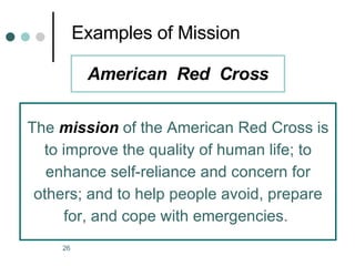 Examples of Mission The  mission  of the American Red Cross is to improve the quality of human life; to enhance self-reliance and concern for others; and to help people avoid, prepare for, and cope with emergencies .   American  Red  Cross 