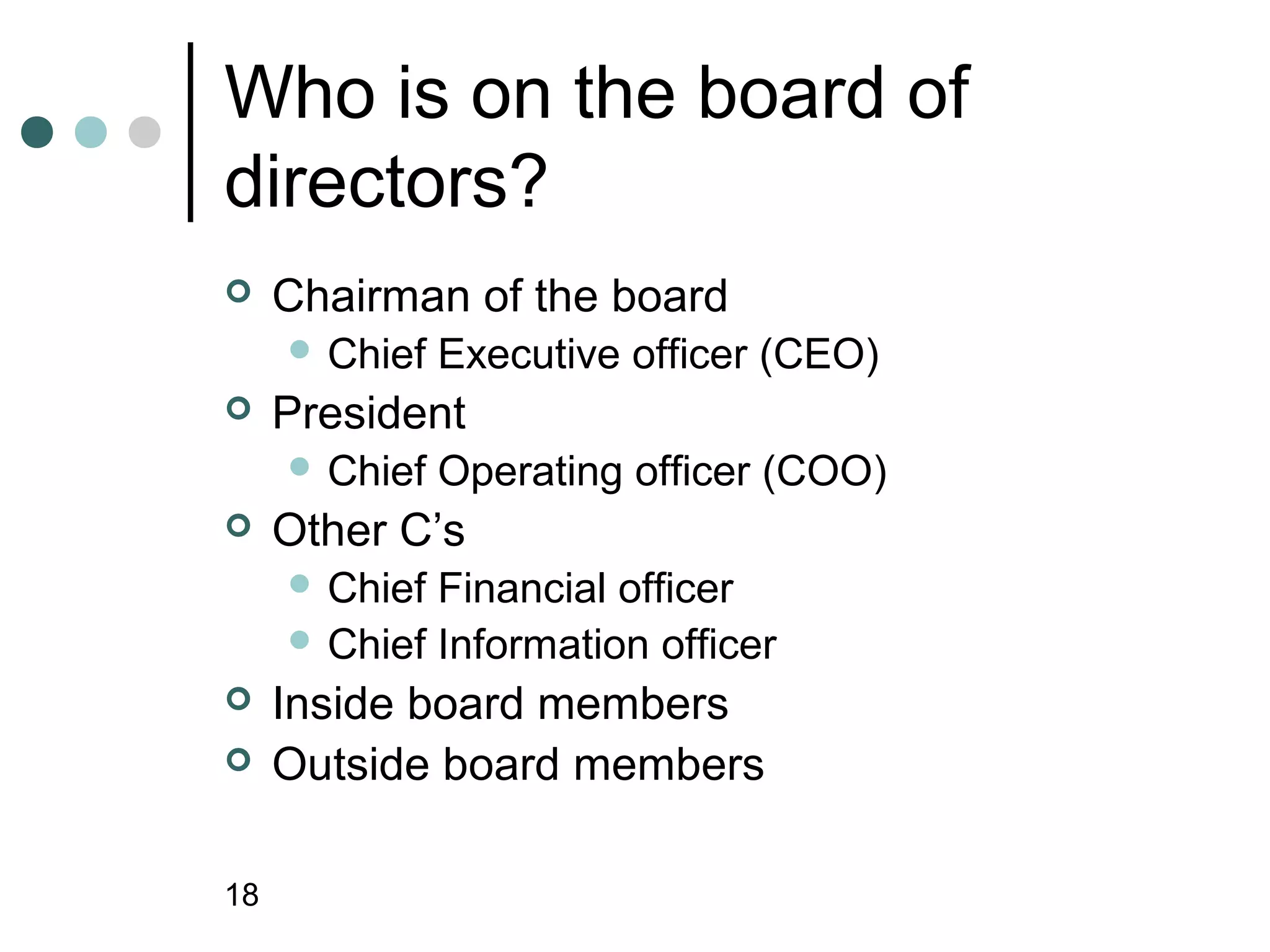 Who is on the board of
directors?
    Chairman of the board
      Chief   Executive officer (CEO)
    President
      Chief   Operating officer (COO)
    Other C’s
      Chief Financial officer
      Chief Information officer
    Inside board members
    Outside board members

18
 