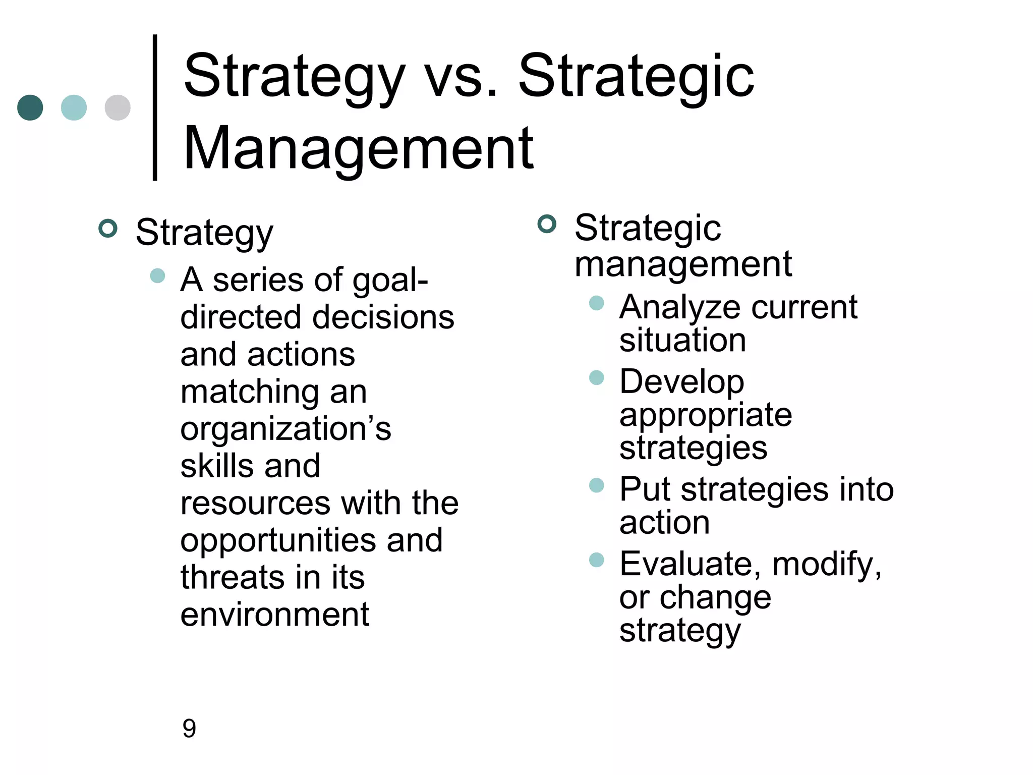 Strategy vs. Strategic
      Management
   Strategy                  Strategic
    A   series of goal-       management
                                Analyze   current
      directed decisions
      and actions                situation
                                Develop
      matching an
      organization’s             appropriate
                                 strategies
      skills and
                                Put strategies into
      resources with the
                                 action
      opportunities and
                                Evaluate, modify,
      threats in its
                                 or change
      environment                strategy

      9
 