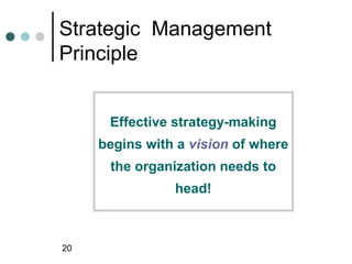 Strategic Management
Principle


      Effective strategy-making
     begins with a vision of where
      the organization needs to
                head!



20
 