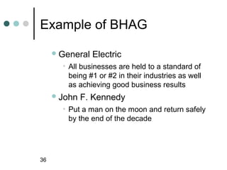 Example of BHAG

      General   Electric
       • All businesses are held to a standard of
         being #1 or #2 in their industries as well
         as achieving good business results
      John   F. Kennedy
       • Put a man on the moon and return safely
         by the end of the decade




36
 