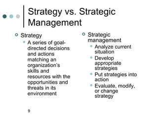 Strategy vs. Strategic
      Management
   Strategy                  Strategic
    A   series of goal-       management
                                Analyze   current
      directed decisions
      and actions                situation
                                Develop
      matching an
      organization’s             appropriate
                                 strategies
      skills and
                                Put strategies into
      resources with the
                                 action
      opportunities and
                                Evaluate, modify,
      threats in its
                                 or change
      environment                strategy

      9
 