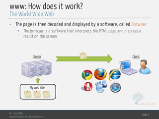 MedTech
www: How does it work?
• The page is then decoded and displayed by a software, called Browser
• The browser is a software that interprets the HTML page and displays a
result on the screen
Dr. Lilia SFAXI
www.liliasfaxi.wix.com/liliasfaxi
Slide 7
The World Wide Web
ClientServer
My web site
 