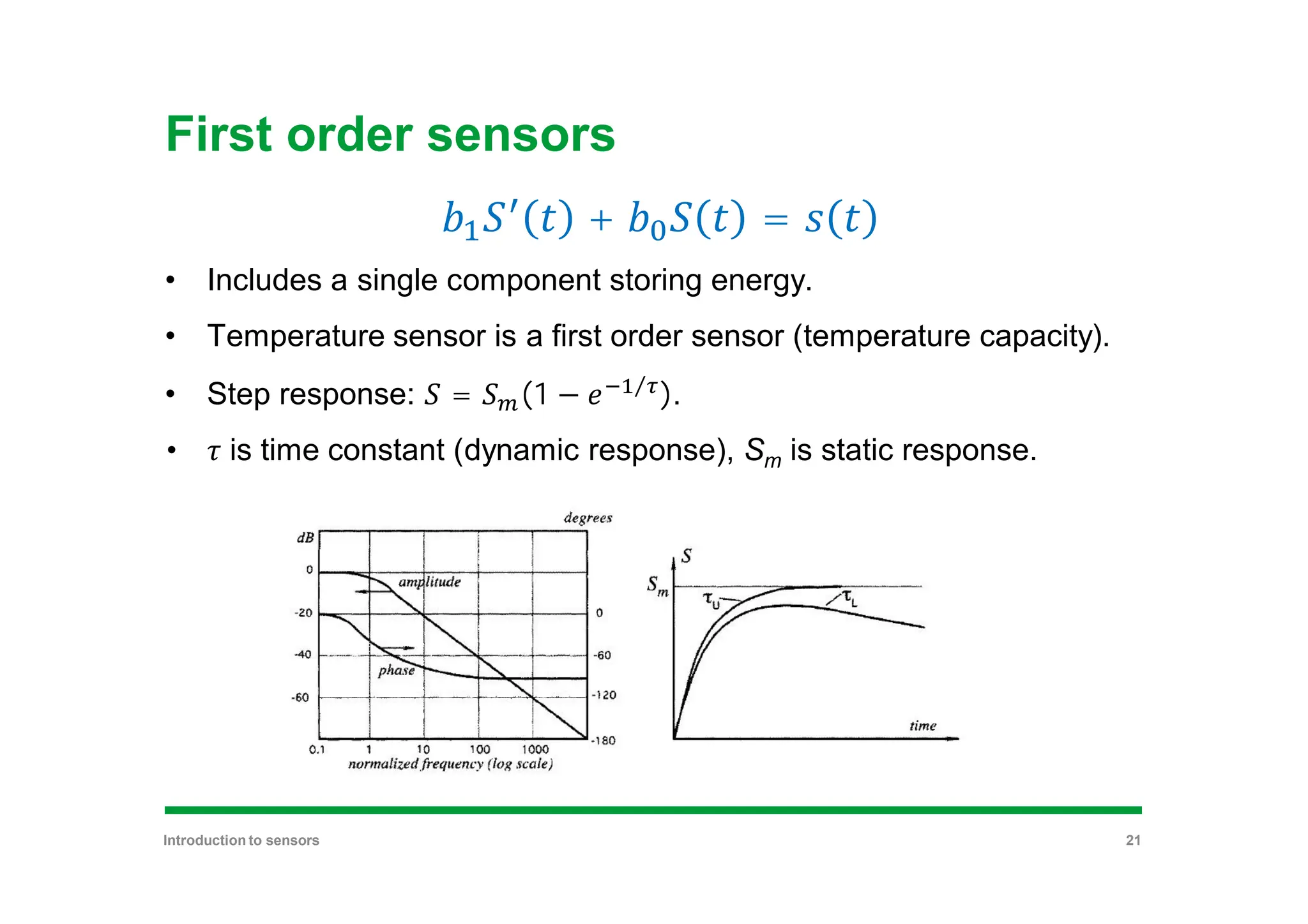 First order sensors
+ =
• Includes a single component storing energy.
• Temperature sensor is a first order sensor (temperature capacity).
• Step response: = (1 − ⁄
).
• is time constant (dynamic response), Sm is static response.
Introduction to sensors 21
 