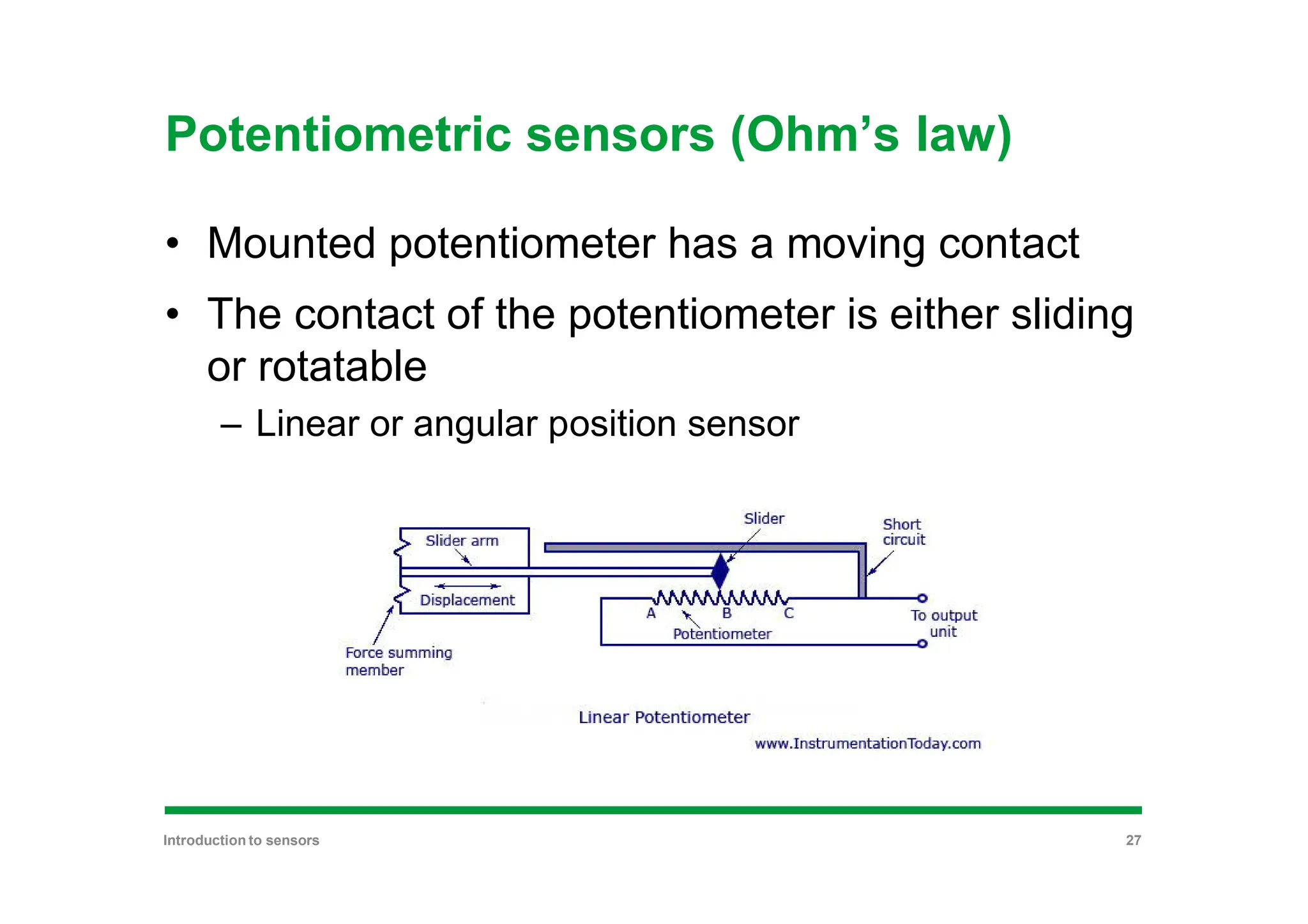 Potentiometric sensors (Ohm’s law)
• Mounted potentiometer has a moving contact
• The contact of the potentiometer is either sliding
or rotatable
– Linear or angular position sensor
Introduction to sensors 27
 