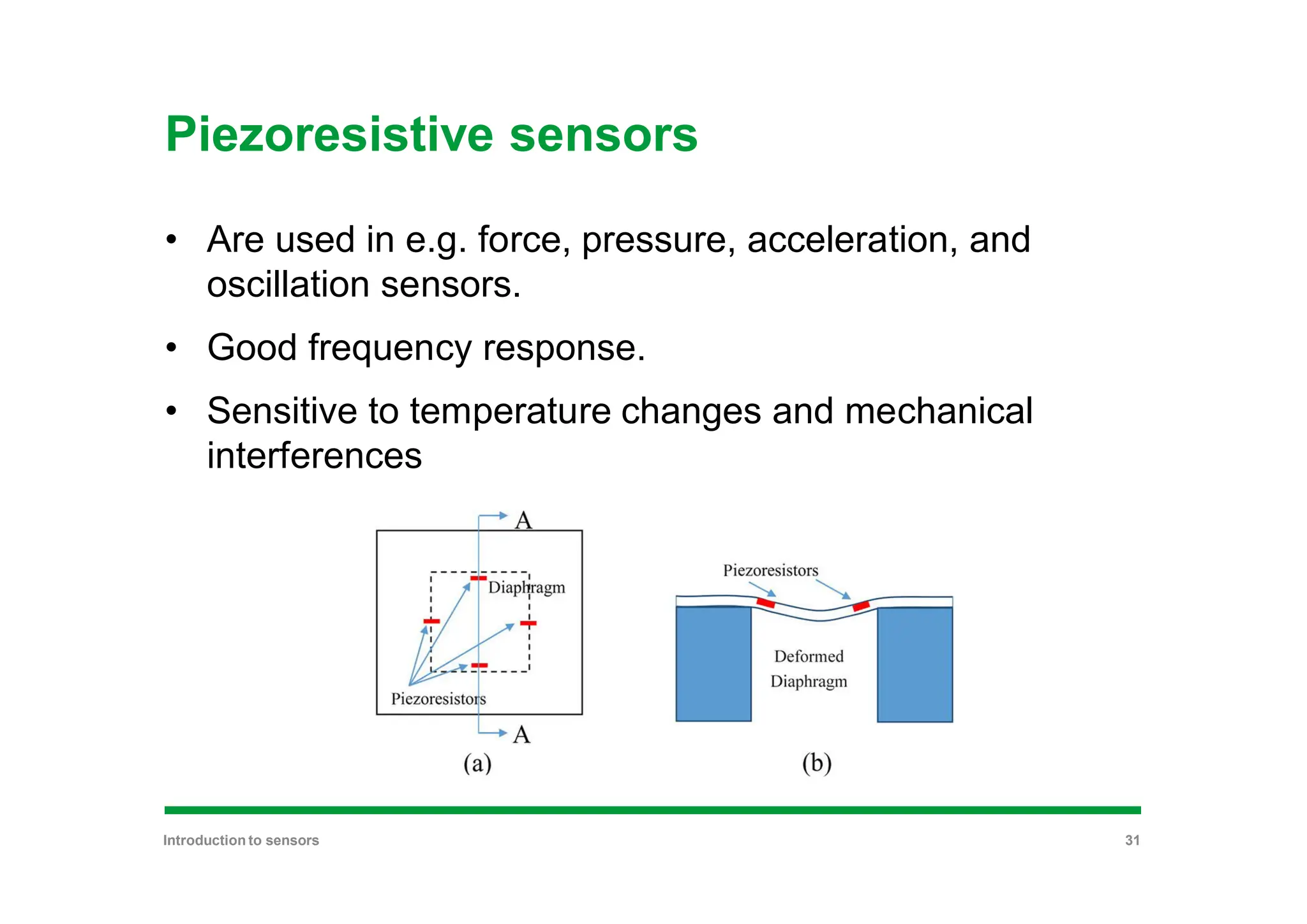 Piezoresistive sensors
• Are used in e.g. force, pressure, acceleration, and
oscillation sensors.
• Good frequency response.
• Sensitive to temperature changes and mechanical
interferences
Introduction to sensors 31
 