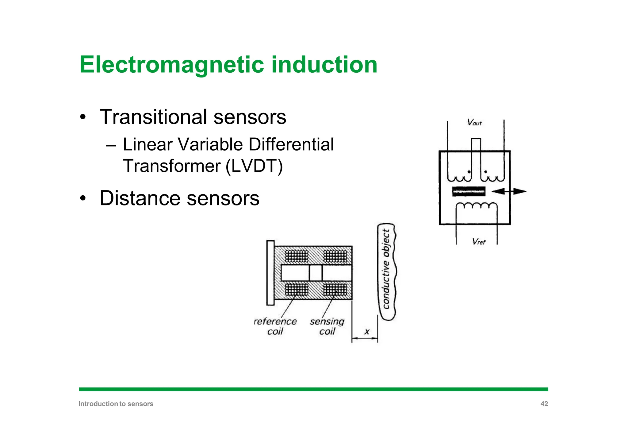Electromagnetic induction
• Transitional sensors
– Linear Variable Differential
Transformer (LVDT)
• Distance sensors
Introduction to sensors 42
 
