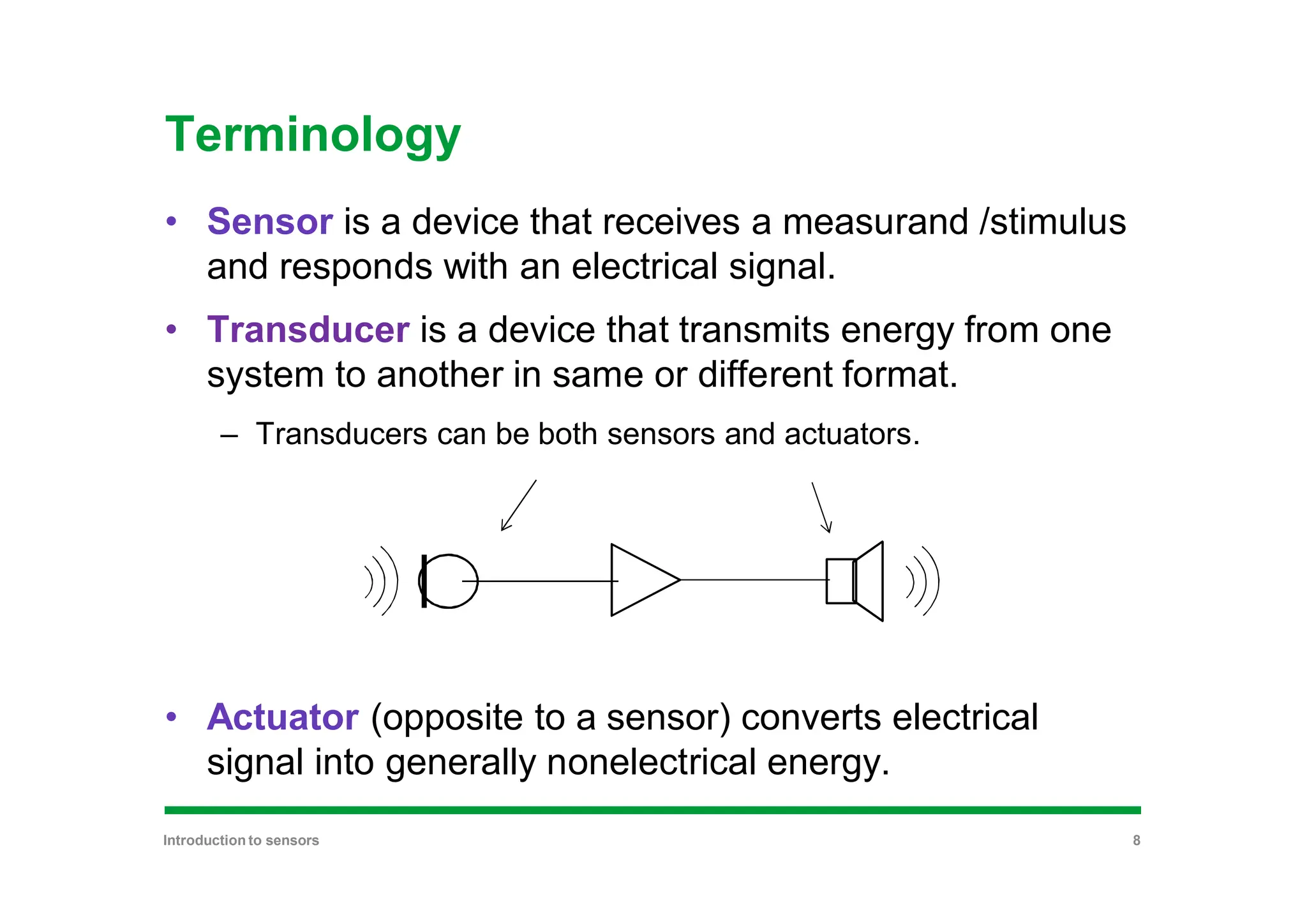 Terminology
• Sensor is a device that receives a measurand /stimulus
and responds with an electrical signal.
• Transducer is a device that transmits energy from one
system to another in same or different format.
– Transducers can be both sensors and actuators.
• Actuator (opposite to a sensor) converts electrical
signal into generally nonelectrical energy.
Introduction to sensors 8
 