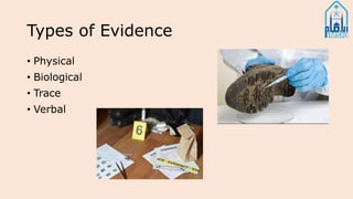 Types of Evidence
• Physical
• Biological
• Trace
• Verbal
 