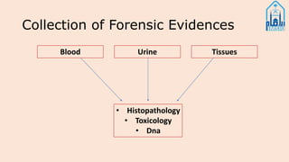 Collection of Forensic Evidences
Blood Urine Tissues
• Histopathology
• Toxicology
• Dna
 