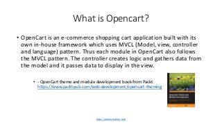 What is Opencart?
• OpenCart is an e-commerce shopping cart application built with its
own in-house framework which uses MVCL (Model, view, controller
and language) pattern. Thus each module in OpenCart also follows
the MVCL pattern. The controller creates logic and gathers data from
the model and it passes data to display in the view.
• - OpenCart theme and module development book from Packt
https://www.packtpub.com/web-development/opencart-theming
https://webocreation.com
 